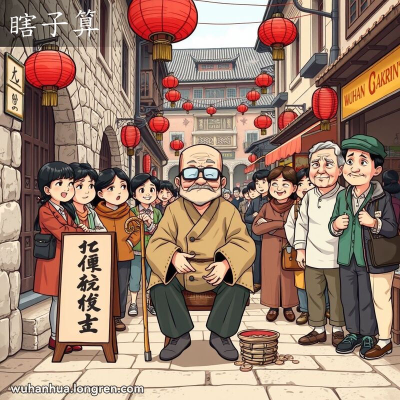 一位瞎子算命先生坐在武汉老街的小凳子上，手持竹杖和收钱的小碗，周围聚集着几位当地居民，背景有红灯笼和小摊贩