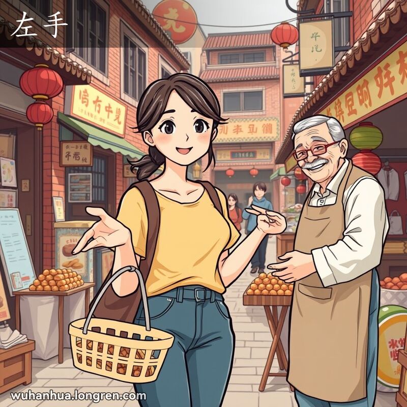 一位年轻女子在武汉街市中用左手提着购物篮，右手指向小吃摊贩，背景是热闹的市场场景