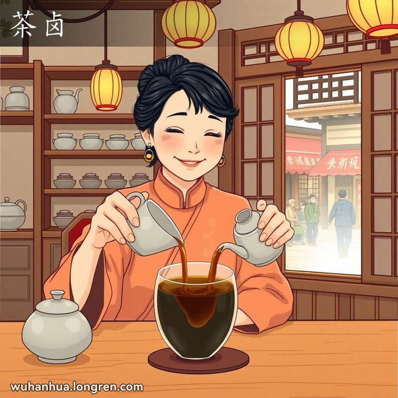 一位中年妇女在茶馆中将浓茶汁倒入热水，背景是茶馆和武汉街景