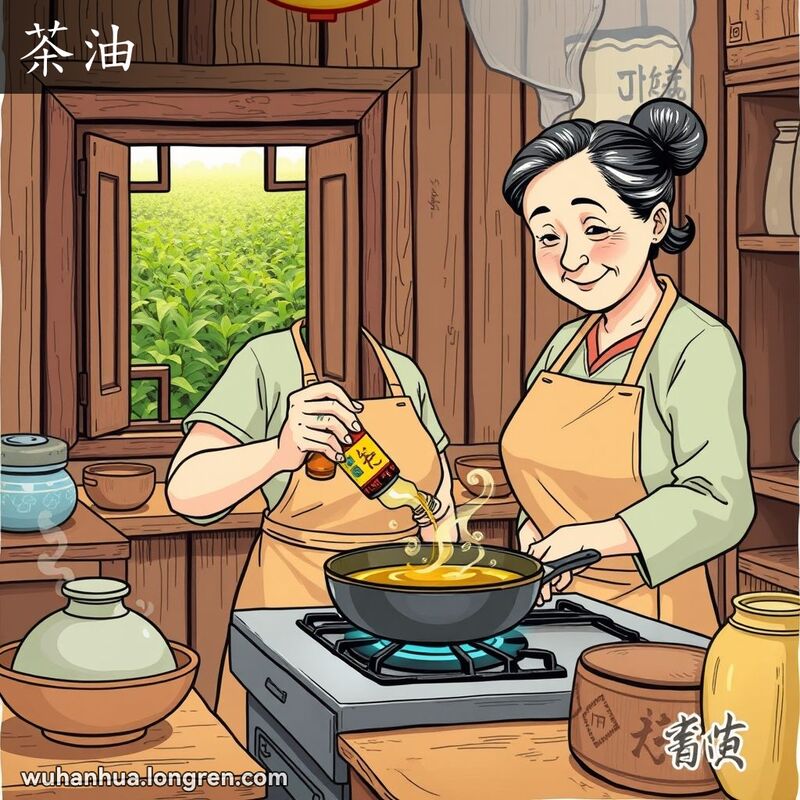 一位中年妇女在厨房中倒茶油，背景是油茶树种植园