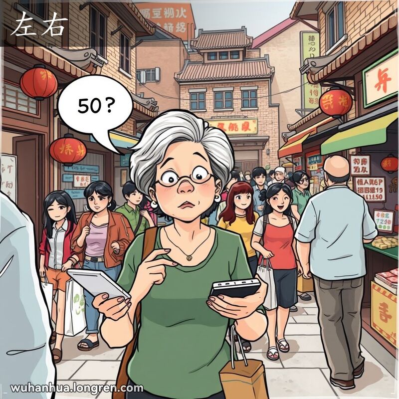 一位中年妇女在武汉市场上与摊贩讨价还价，手持计算器指着价格标签，背景是热闹的市场景象