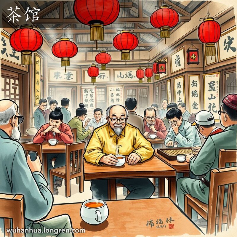 一家传统的武汉茶馆，老人们在茶桌旁喝茶、下棋、聊天，背景有书法和国画。