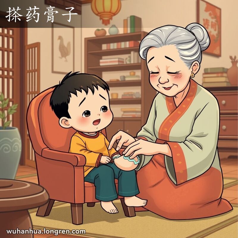 老奶奶在温馨的家中为小孩子涂抹药膏，小孩子膝盖上有小划痕，背景是传统中式家具和装饰