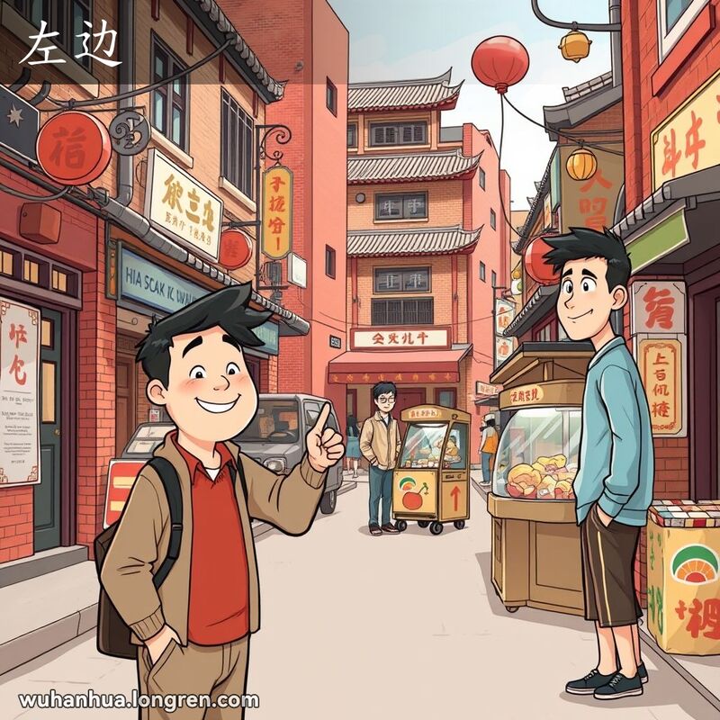一位男子站在武汉街道的左边，微笑着指向自己，背景是热闹的老街景