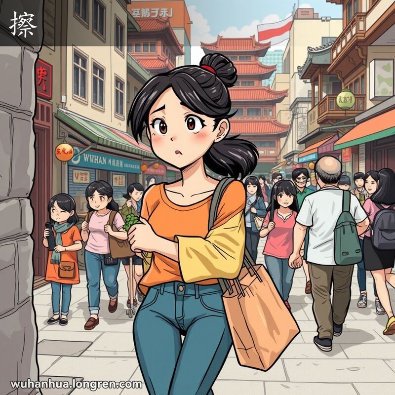 一位年轻女子在武汉街头行走，衣服不小心擦破，露出惊讶的表情，背景是武汉的老街和现代建筑
