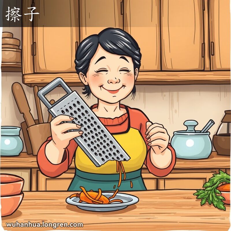 一位中年妇女在厨房中用擦子将胡萝卜擦成丝，背景有其他厨房用具和食材