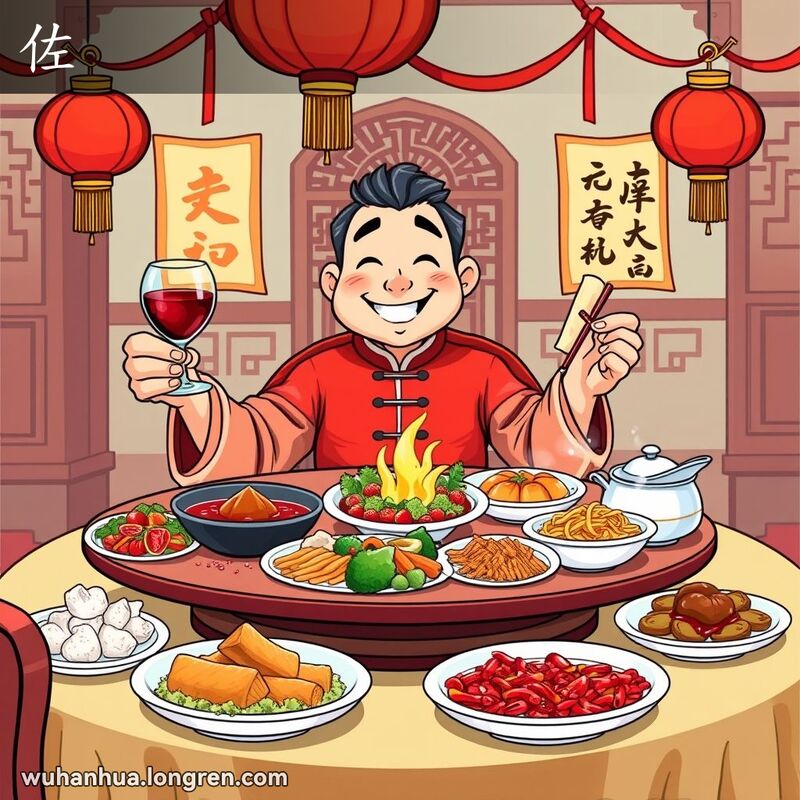 一位传统中国宴会上的男子手持酒杯和筷子，微笑着邀请他人一起享用美食，背景有红灯笼和书法挂轴