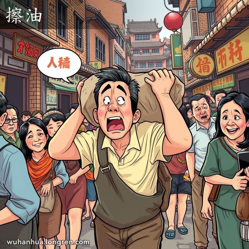 一位武汉男子扛着重物在街上请求让路，背景是武汉老街景