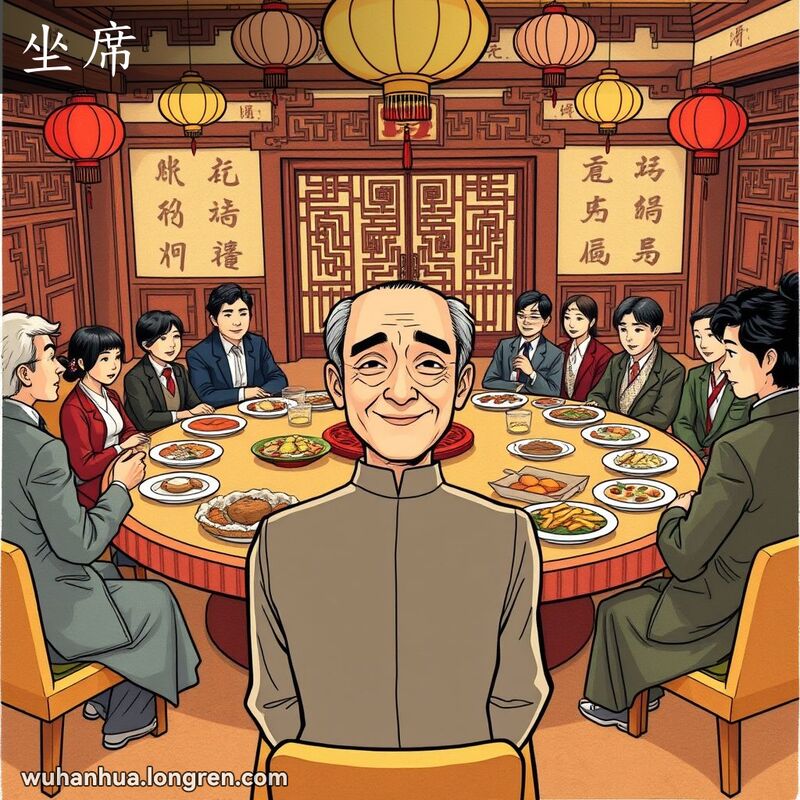 一位中年男子在传统中国宴会上准备入席，背景是丰盛的餐桌和华丽的装饰