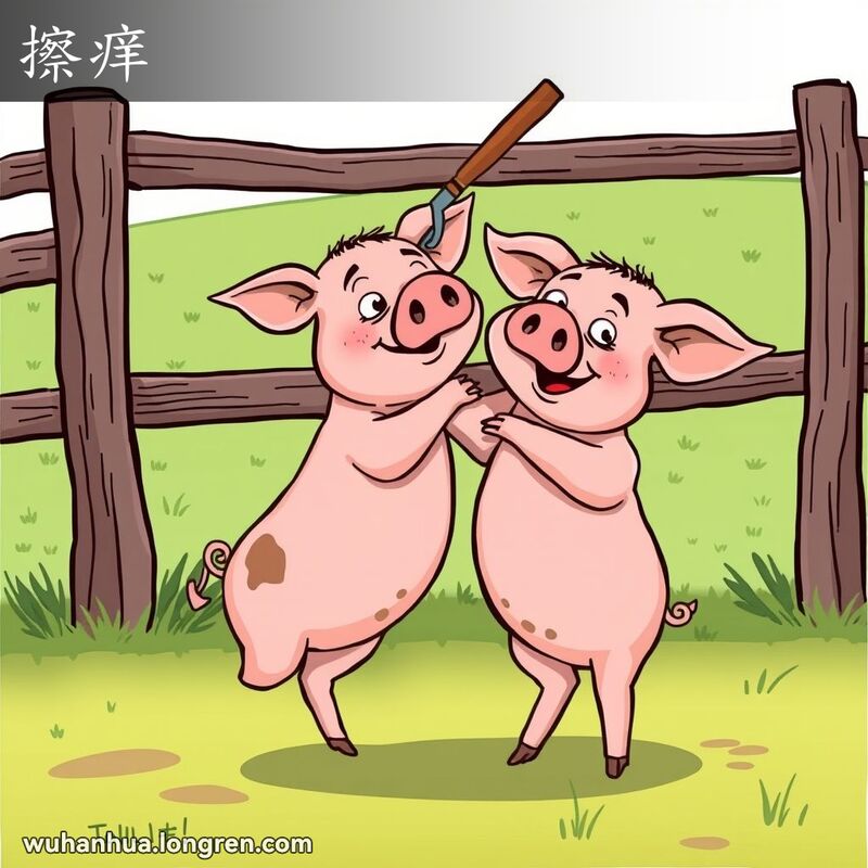 一只猪用挠痒挠抓背，表情夸张地显示出解痒后的满足感，背景是农村场景。