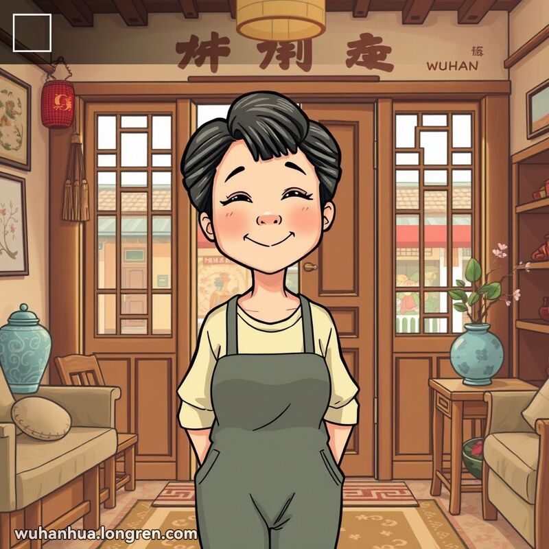 一位中年妇女站在敞开的家门口，露出满足的表情，背景是温馨的武汉传统家庭场景