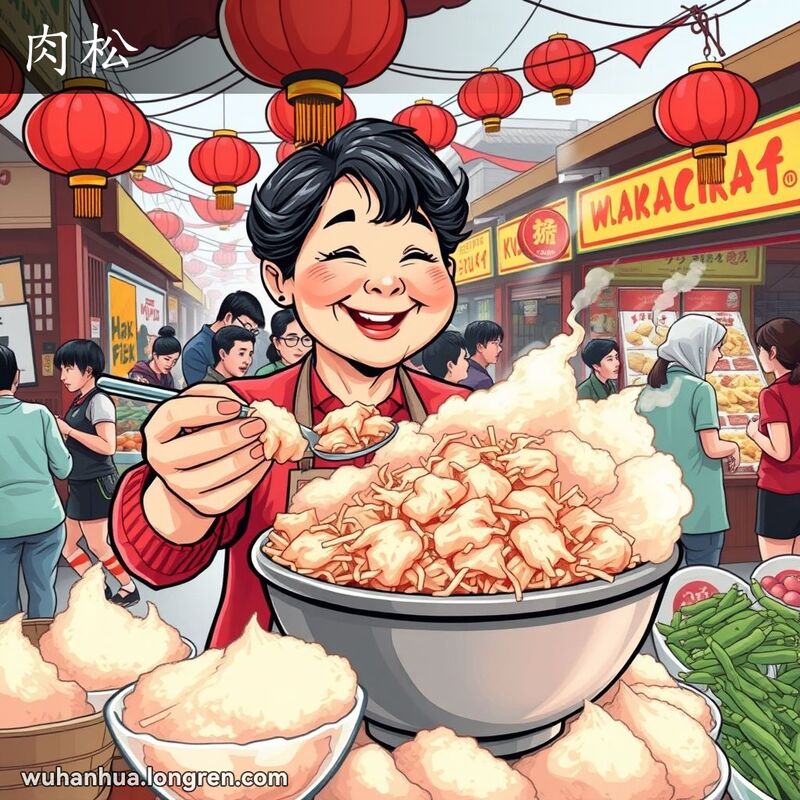 武汉传统市场中的肉松摊位，摊主笑容满面，手持一勺肉松，背景是忙碌的市场和其他摊位