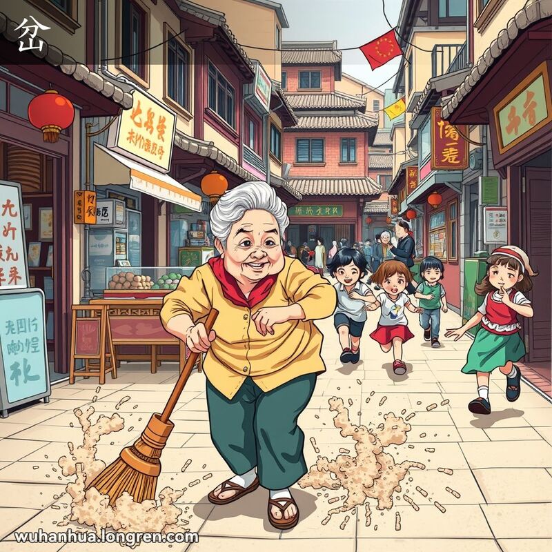 武汉街头，一位妇女用竹帚刷地，背景中有人胡说八道，孩子们乱窜，表现“岔”的多种含义。