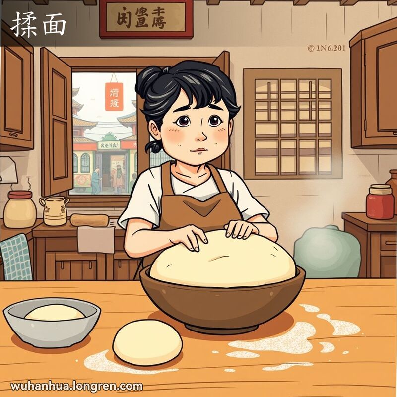 一位中年妇女在厨房里专注地用手揉面团，背景是温馨的武汉家庭厨房