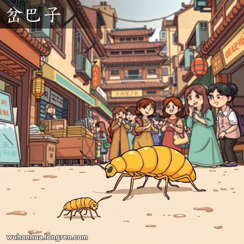 一只小型黄褐色昆虫在地面爬行，背景中几位妇女聚在一起聊天并四处走动，象征武汉方言“岔巴子”的多重含义。