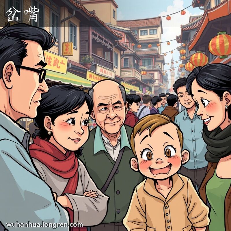 一个小孩在武汉街头试图插嘴成年人的谈话，背景是热闹的老街景