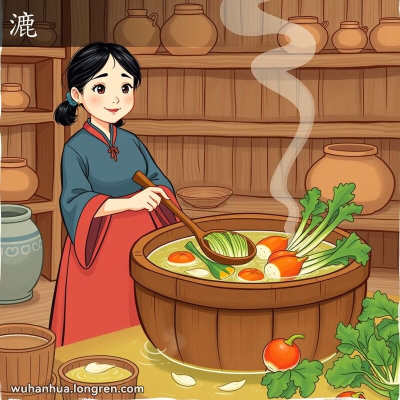 一位妇女在木盆旁用大勺子捞蔬菜，背景是古朴的厨房。