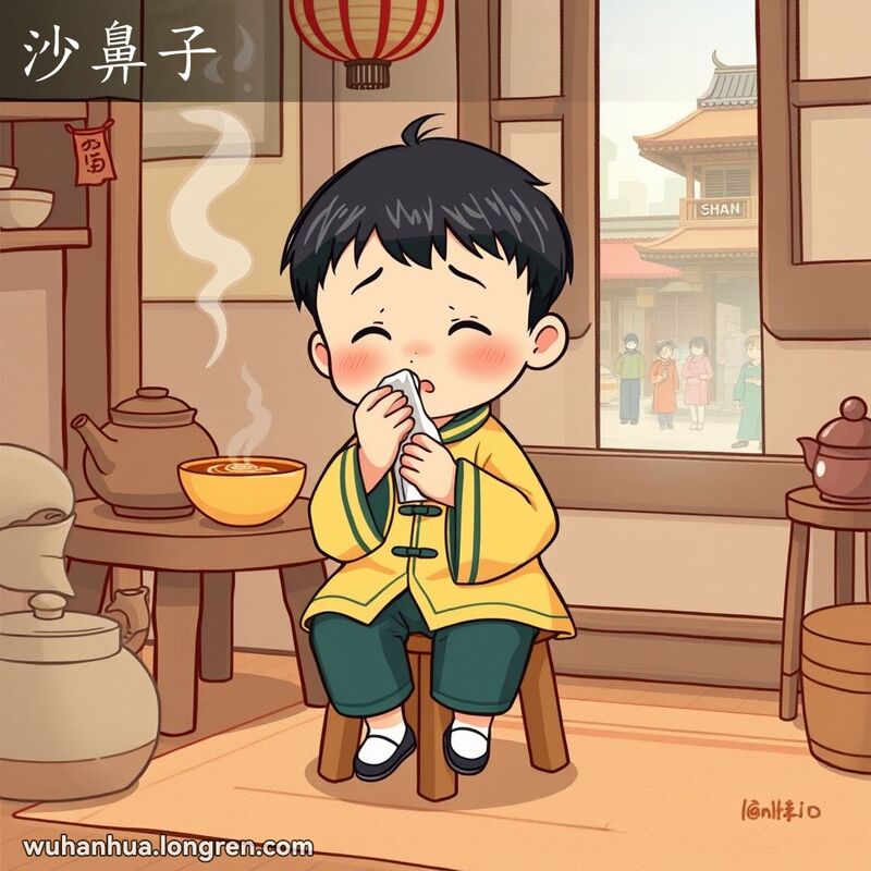 一个孩子坐在小木凳上，手里拿着手帕捂住流血的鼻子，脸上露出惊讶和不适的表情，背景是老武汉家庭场景