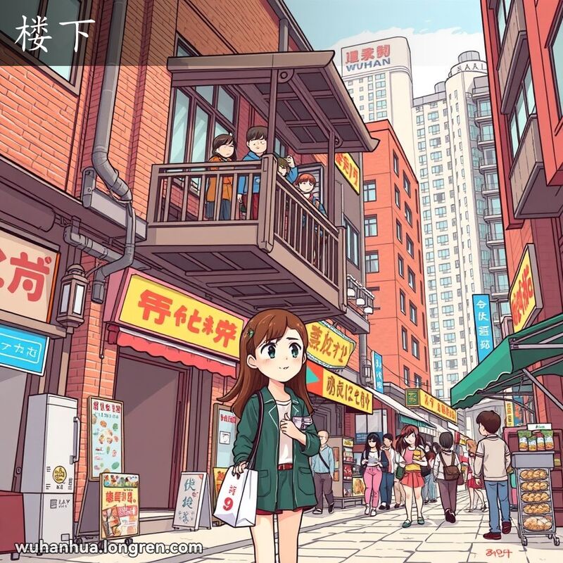 一位年轻女子站在武汉街头一栋多层建筑的底层，抬头望向楼上的阳台，手里提着购物袋，脸上带着好奇的表情。