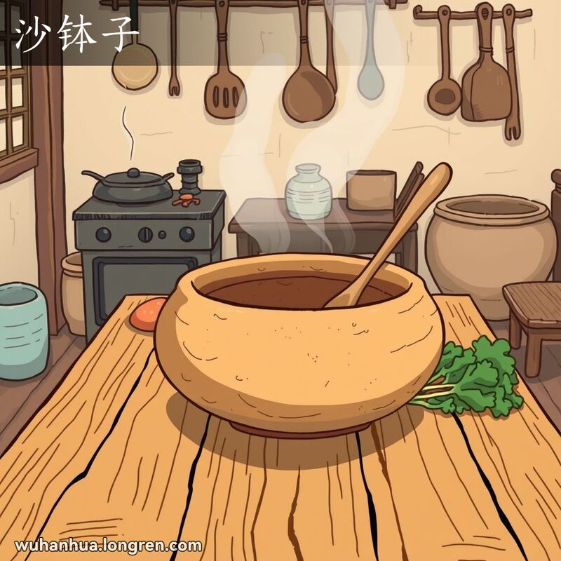 一个传统的武汉厨房，桌子中央摆放着一个大型的、粗糙的陶土锅，形状像盆，锅的材质是陶土和沙子混合而成，表面粗糙，带有泥土的质感。