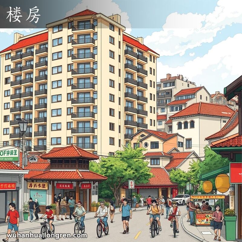 武汉市繁忙街道上的现代多层公寓楼，背景是传统瓦房，街道上人来人往，充满生机与活力。