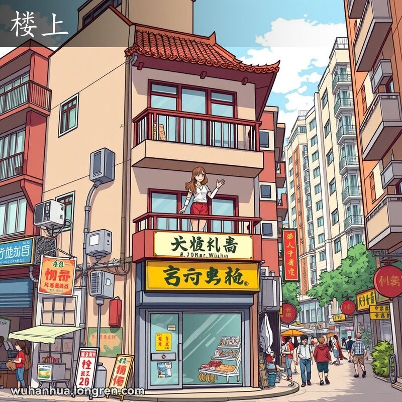 武汉市一条繁忙的街道，一栋多层住宅楼的二楼阳台上，一位女性正在向楼下挥手，背景是传统中式屋顶和现代阳台的混合建筑。