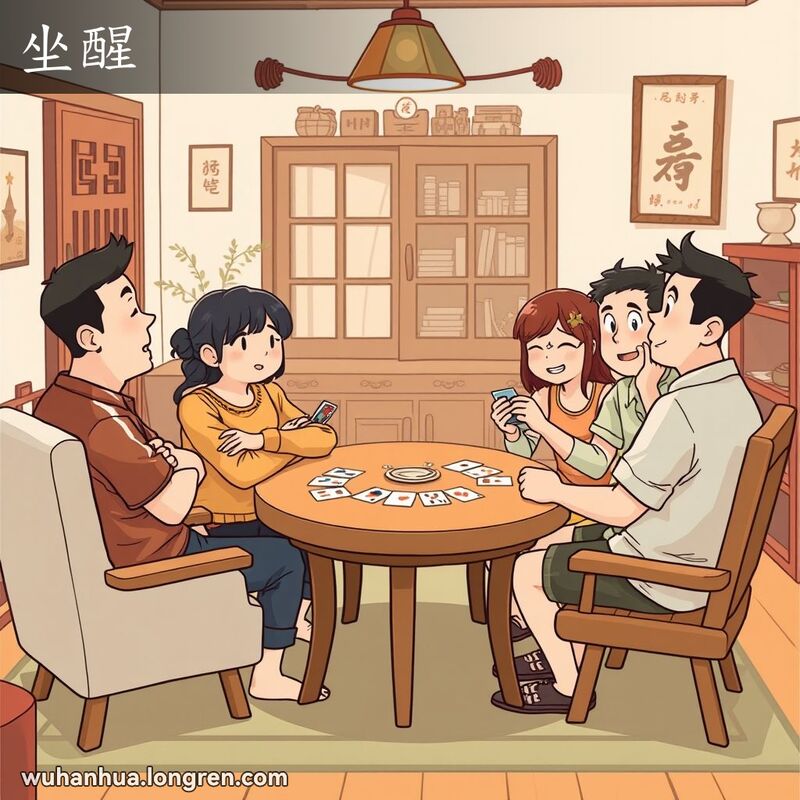 四位朋友围坐在桌旁玩纸牌，其中一人轮空，背景是武汉家庭环境