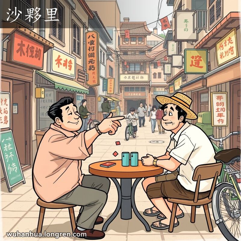 一条热闹的武汉老街，几位居民围坐打牌聊天，一位男子指着另一位男子，脸上带着戏谑的笑容，暗示“沙夥里”的含义。