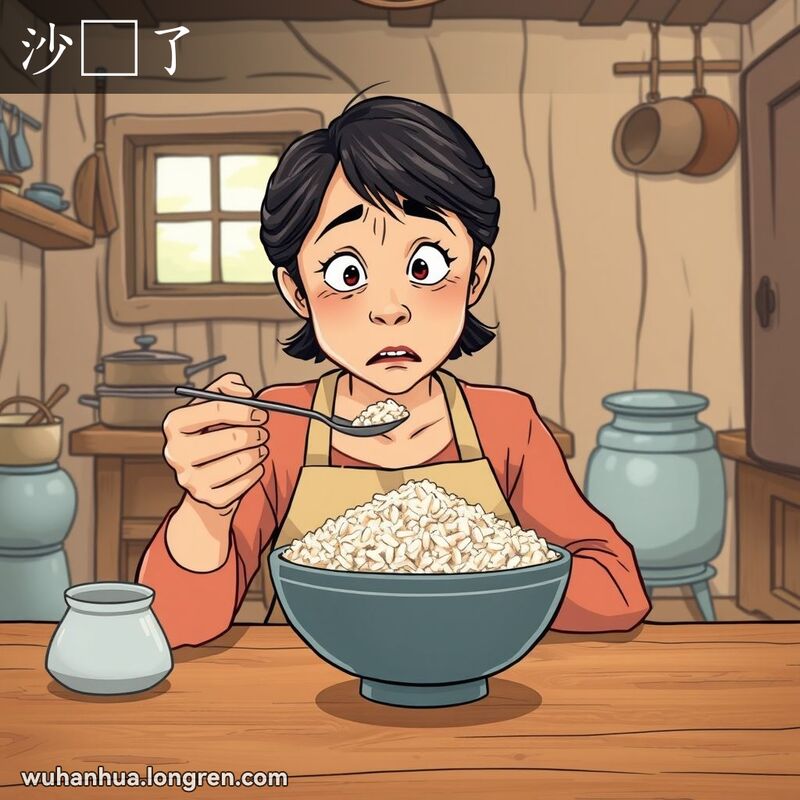 一位中年妇女在厨房里吃米饭，发现米饭里有沙子，露出惊讶和厌恶的表情。