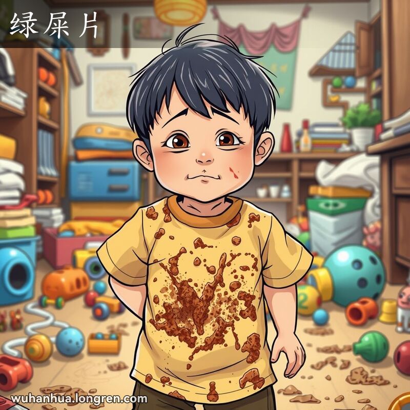 一个小孩穿着沾满污渍的衬衫，站在凌乱的房间里，地上散落着玩具，背景是武汉家庭场景。