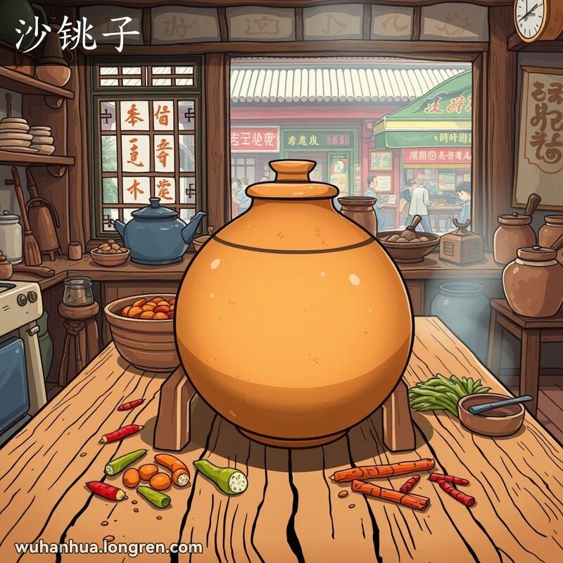 传统武汉厨房中的沙铫子，周围有腌菜和调料，背景是老式厨房用具和武汉街景