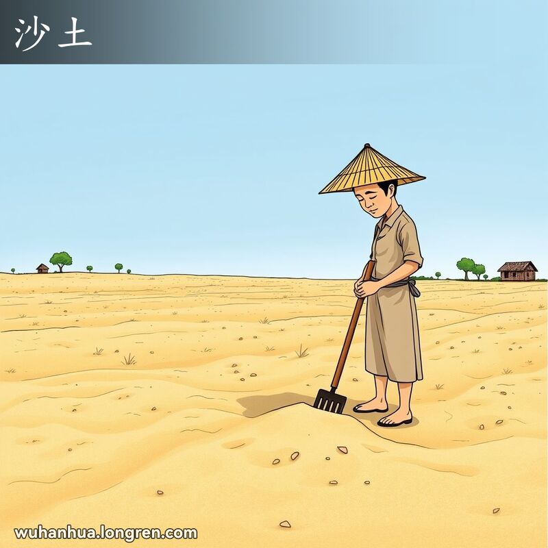 一位农民站在沙土田野中，手持锄头，低头望着沙土，背景是宁静的乡村景象