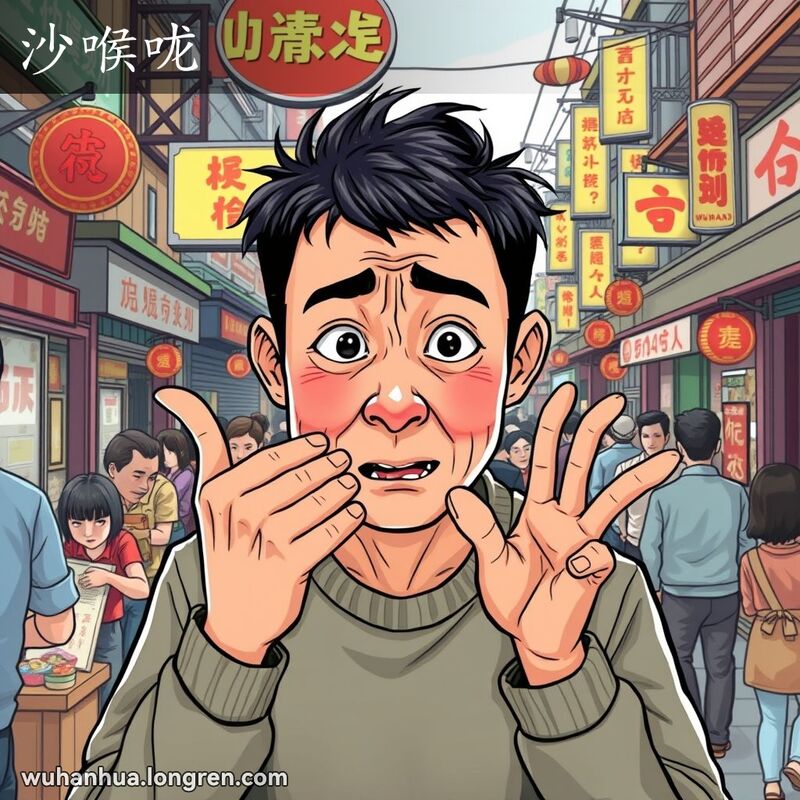 一位武汉市民噎喉咙，表情痛苦，背景是武汉街头场景