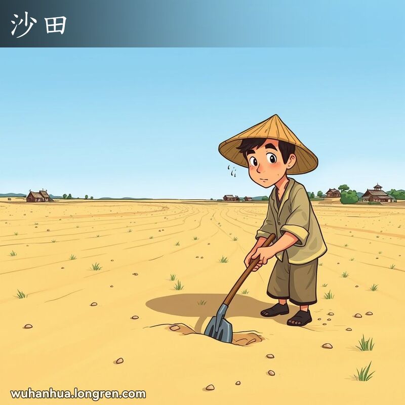 一位农民在沙土田中耕作，背景是广阔的田野和远处的乡村景象