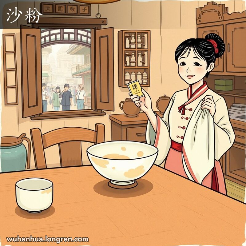 一位妇女在老式厨房中手持沙粉清洁剂和抹布，准备清洁瓷碗。