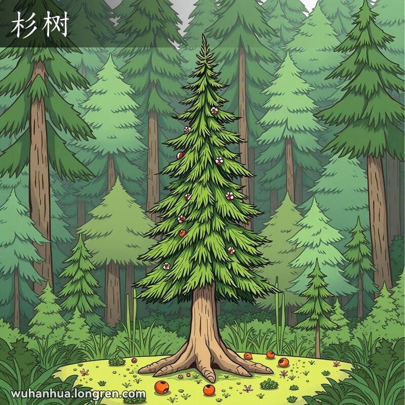 一棵高大的杉树，树冠呈塔状，叶子呈长披针形，花单性，果实球形，木材质轻，背景是茂密的森林环境