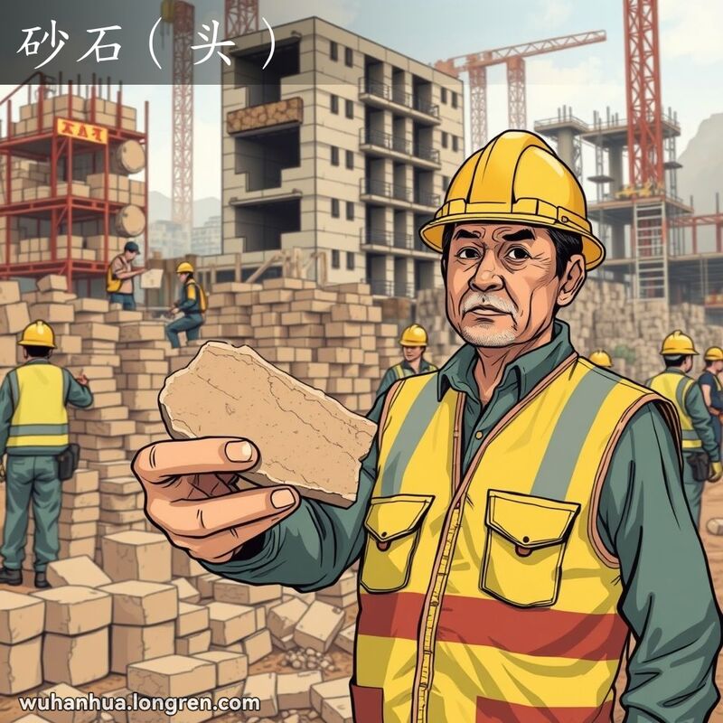一位武汉工人在建筑工地上手持砂石，背景有堆积的砂石块和正在建设中的建筑物