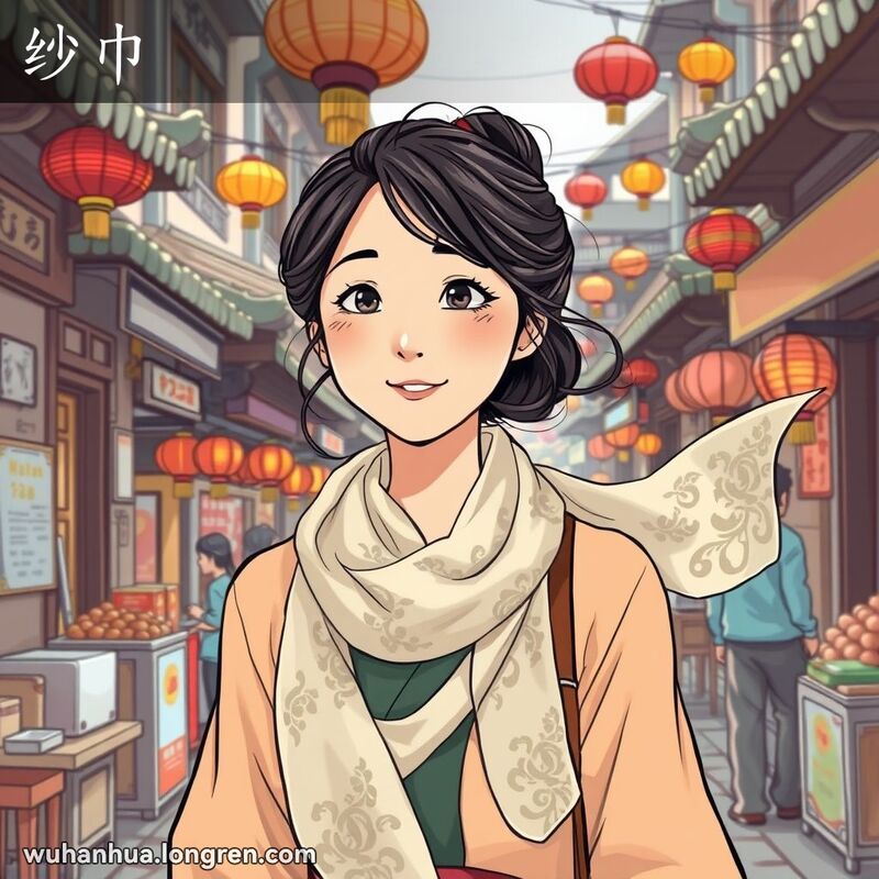 一位武汉女子在市场中戴着丝质纱巾，背景是武汉街景和市场摊位