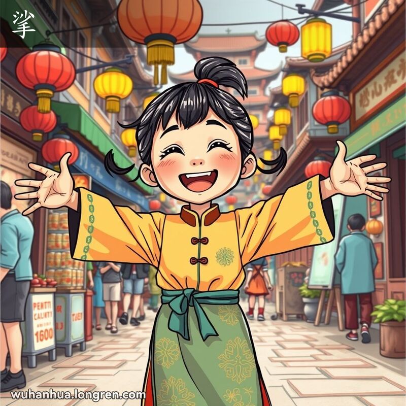 一位武汉小女孩在市场上张开双臂，脸上带着欢快的表情，背景是繁忙的街头摊贩和传统建筑