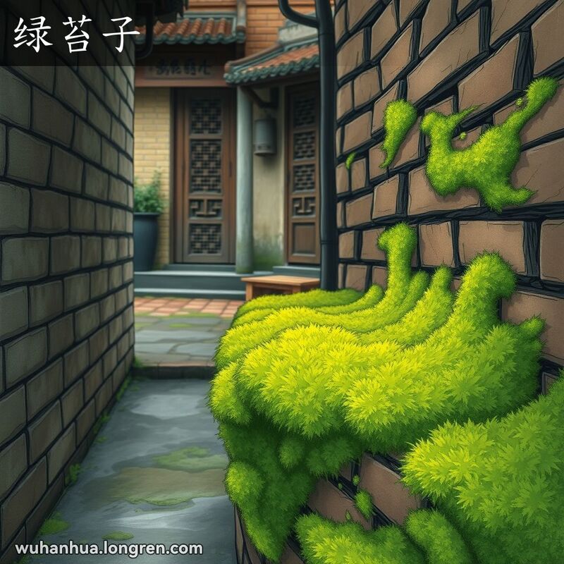 武汉老巷子阴湿角落，墙壁上长满绿色青苔，背景是传统中国建筑