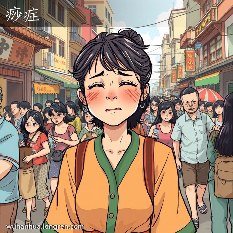 一位年轻女子在武汉街头突然感到不适，表现出急性传染病的症状，背景是繁忙的街道和老式建筑。