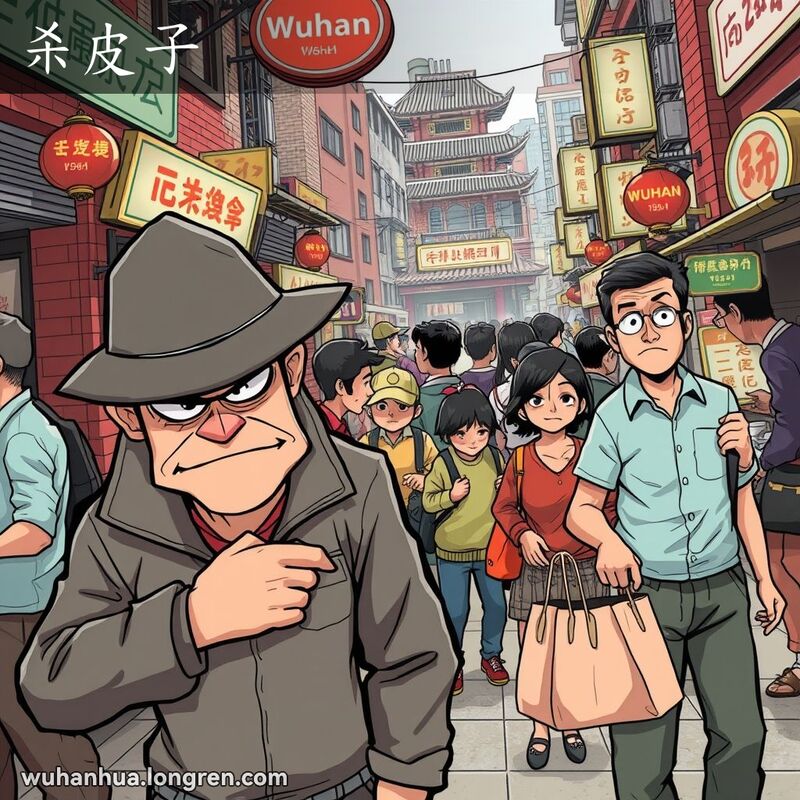 武汉市场中，一个小偷正偷偷地将手伸进一个不知情的路人的口袋，背景是武汉老街景