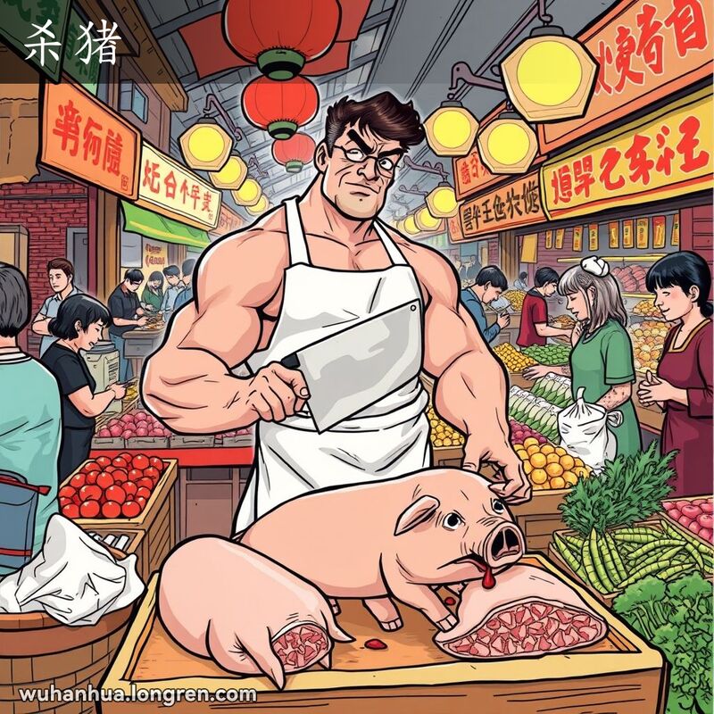 武汉市场中的屠夫手持砍刀准备宰杀一头猪，背景是热闹的市场景象。