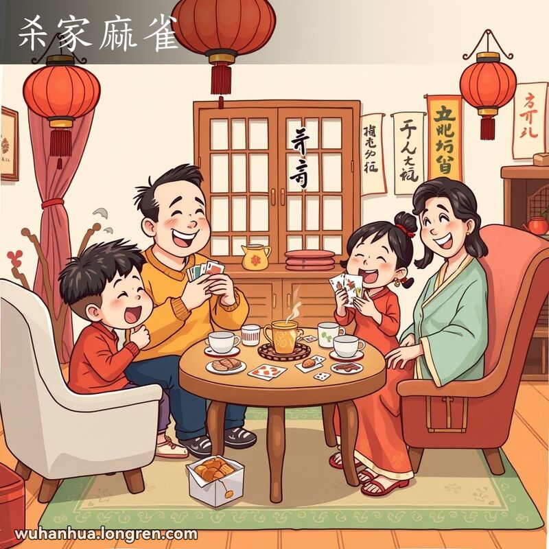 一个武汉家庭在客厅里围坐在桌旁打牌，父母和孩子们都露出欢乐的表情，桌上有零食和茶杯，背景有红灯笼和书法挂轴。