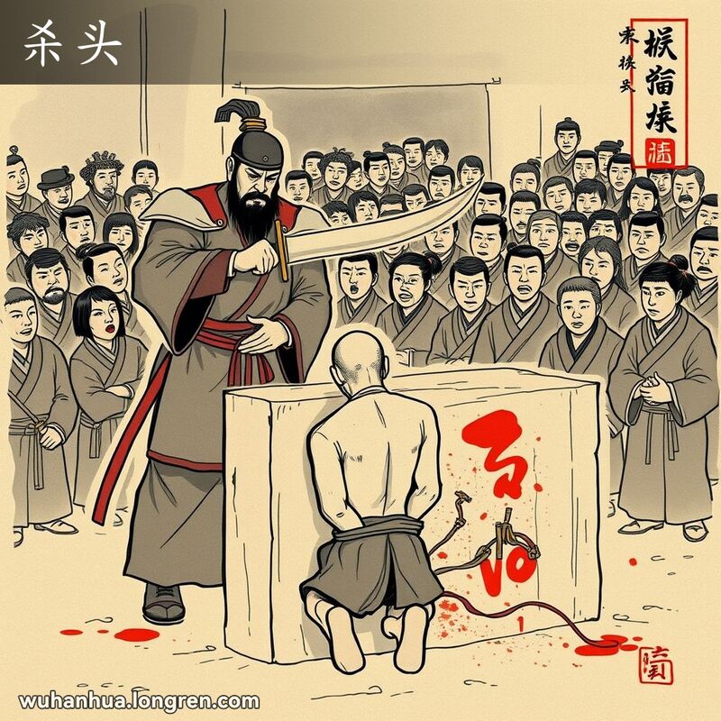 古代中国行刑场景，刽子手手持大刀，犯人跪在木桩前，背景有围观人群。