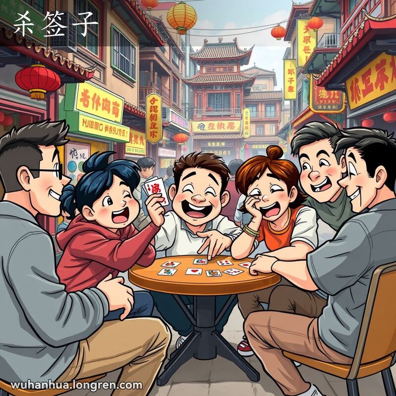 一群朋友在武汉街头玩牌，一人出绝招胜利，其他人露出惊讶和失望的表情，背景是武汉传统街景