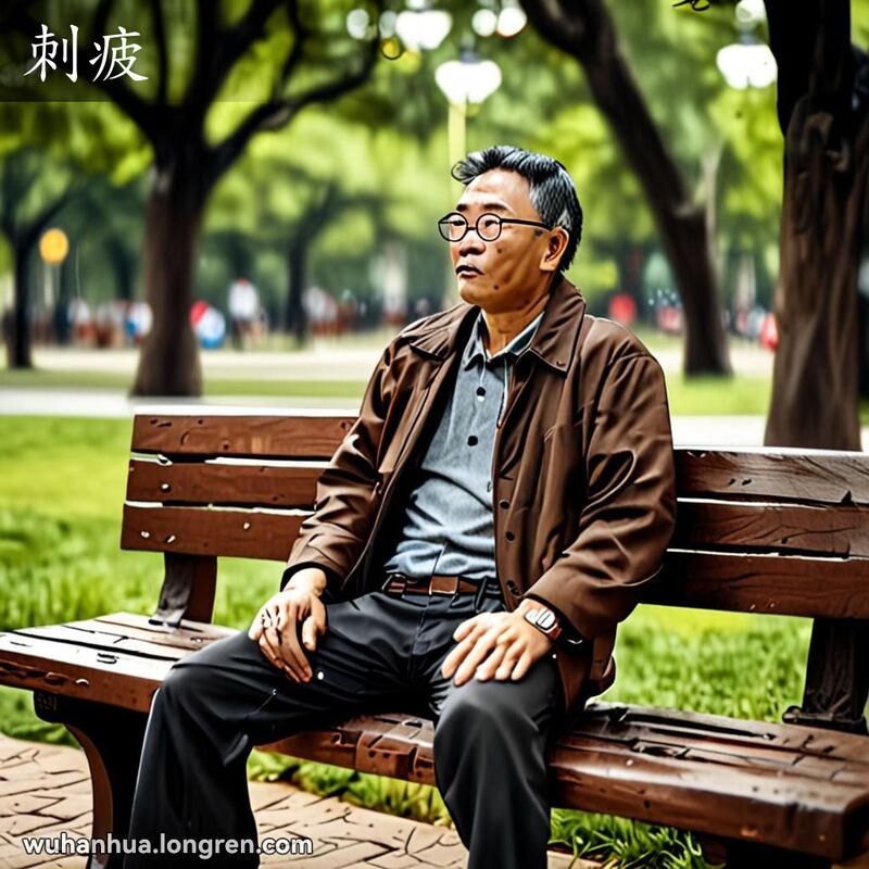 一位中年武汉男子坐在公园长椅上，神情悠闲但略显疲惫和迟缓，体现了“刺疲”的表情，背景是宁静的公园景象