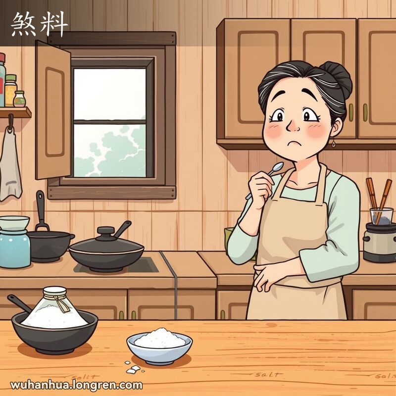 一位中年妇女在厨房中尝试盐，露出惊讶且略显不满的表情，背景是武汉厨房景象