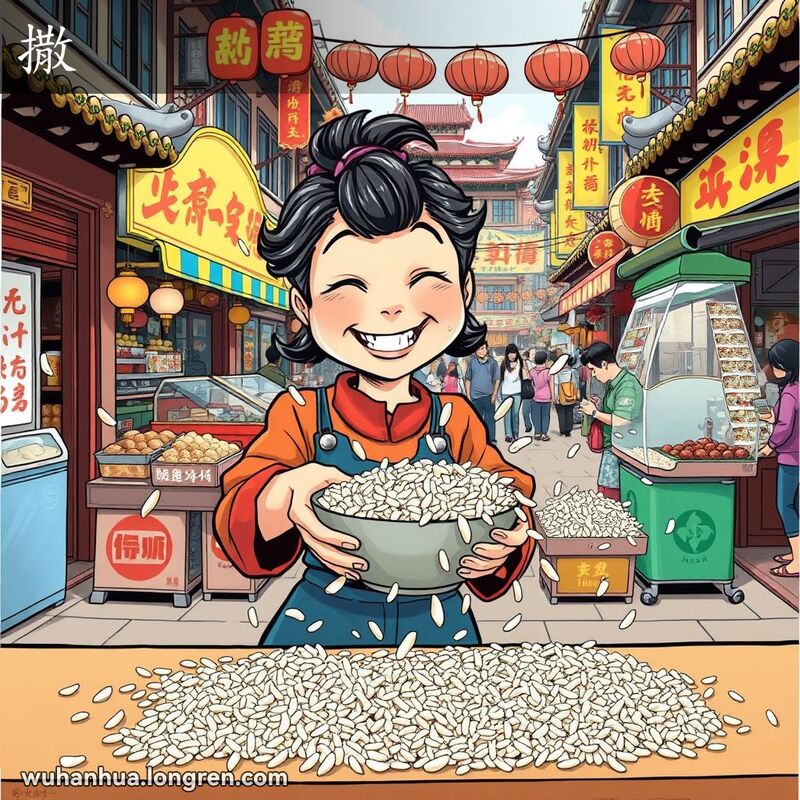 一位武汉女子在街边摊前撒米饭，米粒四散，背景是热闹的武汉街市