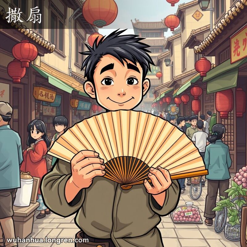 一位武汉手工艺人在街头展示精美的折扇，背景是繁忙的老街市场